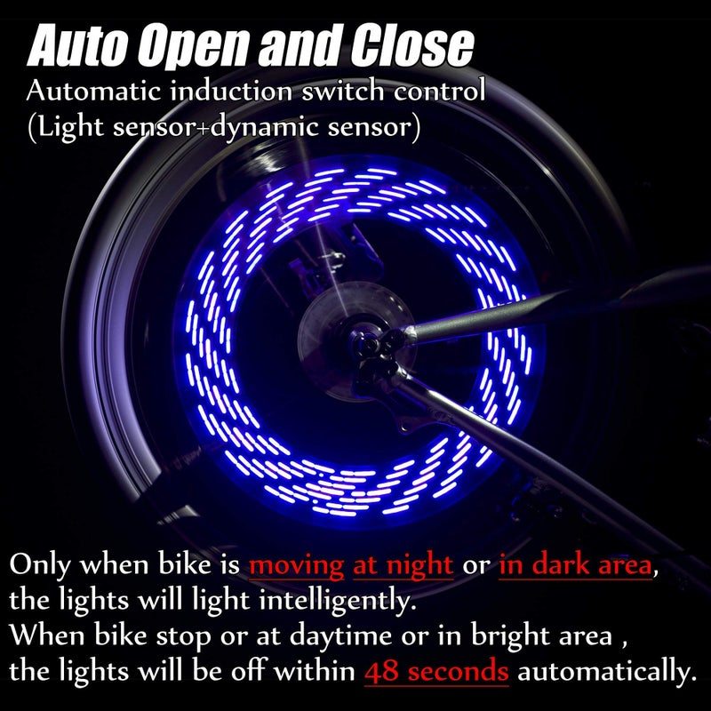DAWAY A08 Bike Tire Valve Stem Lights - Cool Led Bicycle Wheel Light, 2 Pack, Waterproof, Glow in The Dark Safe Bycicle Accessories for Men Women Youth, Super Bright, Blue Graphics - Image 2